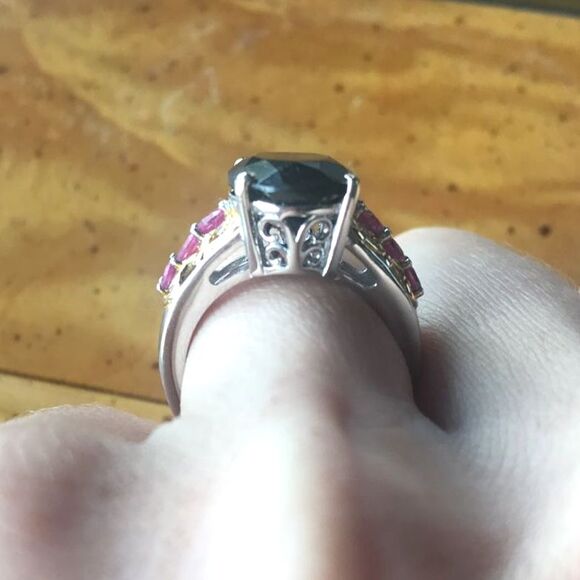 Natural Black Tourmaline Ruby Sterling Silver Ring Size 10 - Picture 3 of 6